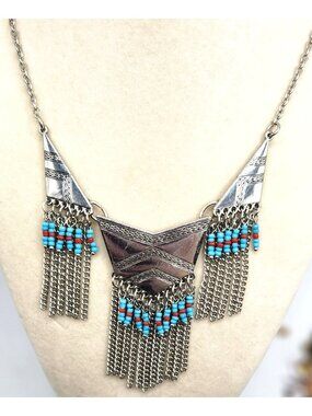 Silver Toned Western Design Necklace  With Chain, Blue & Red Bead  Fringe